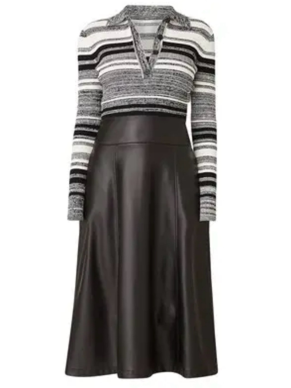 Shoshanna Black & Gray Striped Knit Top with Black Faux-Leather Skirt. Small